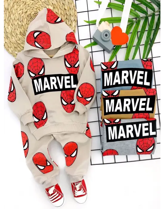 Omarı Örümcek Adam Baskılı Kapşonlu Bebek Takımı