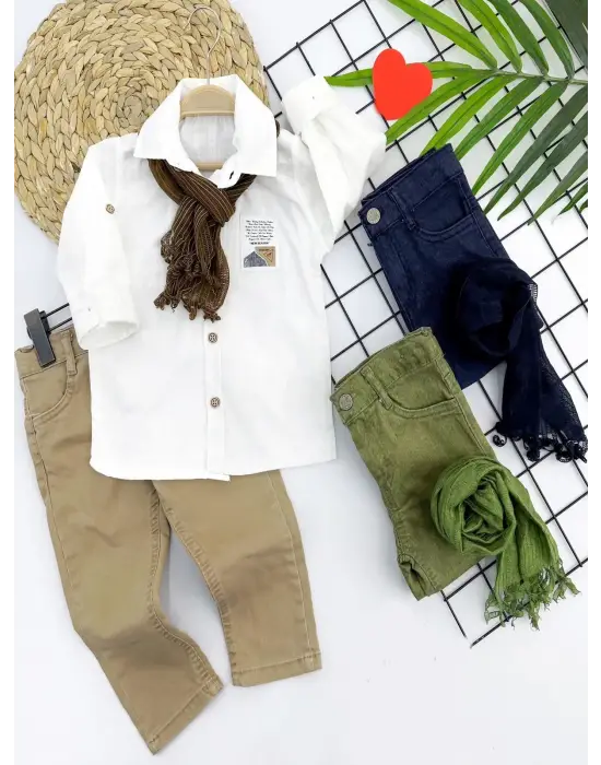 Omarı Pamuk Keten Erkek Bebek Takımı 3lü Gömlek Pantolon Fularlı