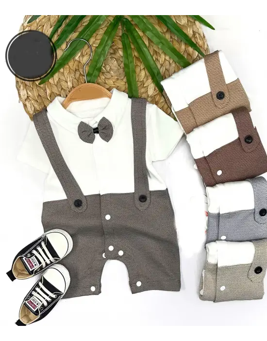 Omarı Papyon Detaylı Çizgili Erkek Bebek Tulumu