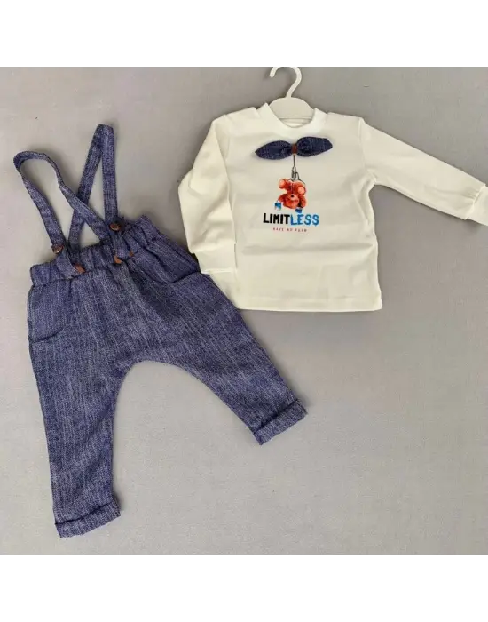 Omarı Papyonlu Erkek Bebek Sweat Kot Salopet Takımı - 9-12-18 Ay