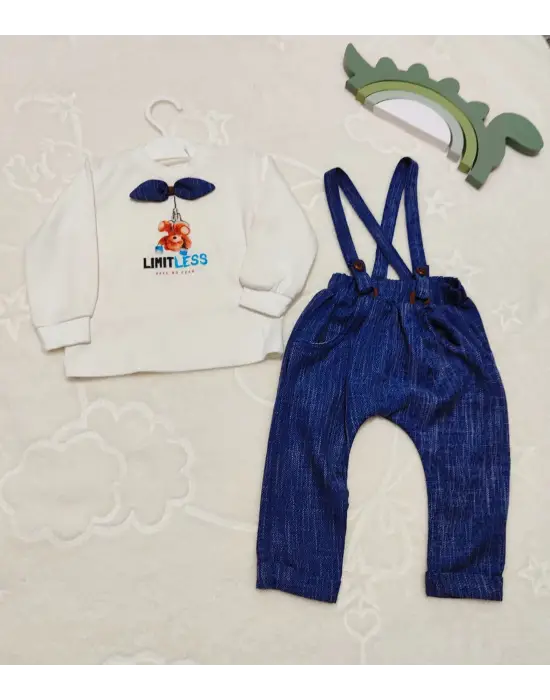 Omarı Papyonlu Erkek Bebek Sweat Kot Salopet Takımı - 9-12-18 Ay