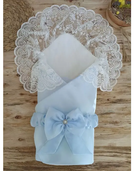 Omarı Parlak Mavi Yenidoğan Fiyonk Kundak Battaniyesi