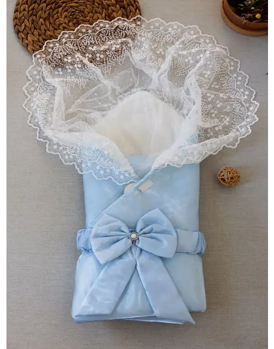 Omarı Parlak Mavi Yenidoğan Fiyonk Kundak Battaniyesi