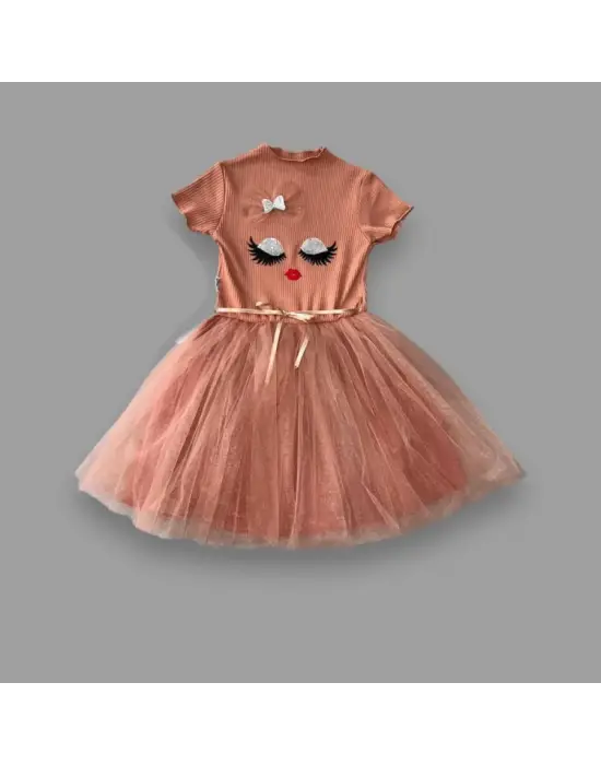 Omarı Parlak Payet Detaylı Kız Çocuk Elbisesi Kahverengi