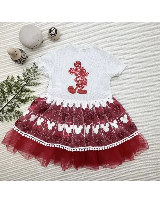 Omarı Parlak Payet Detaylı Mickey Desenli Bebek Elbisesi Kırmızı