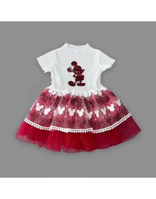 Omarı Parlak Payet Detaylı Mickey Desenli Bebek Elbisesi Kırmızı