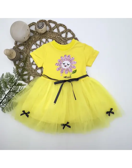 Omarı Payet Yapraklı Çiçek Nakışlı Kız Bebek Tütü Elbisesi Sarı