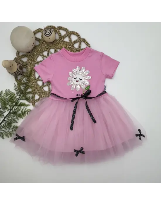 Omarı Payet Yapraklı Çiçek Nakışlı Tütü Elbisesi Pembe