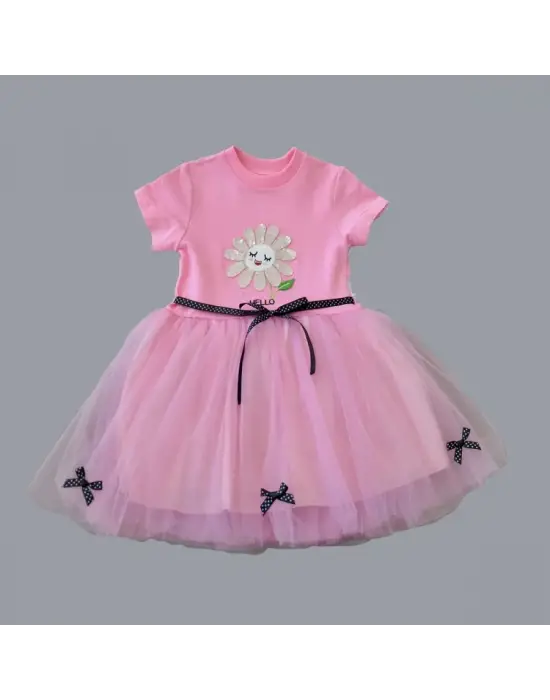 Omarı Payet Yapraklı Çiçek Nakışlı Tütü Elbisesi Pembe