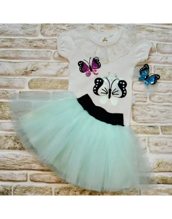 Omarı Payetli Kelebek Nakışlı Tütü Etekli Kız Bebek Takımı