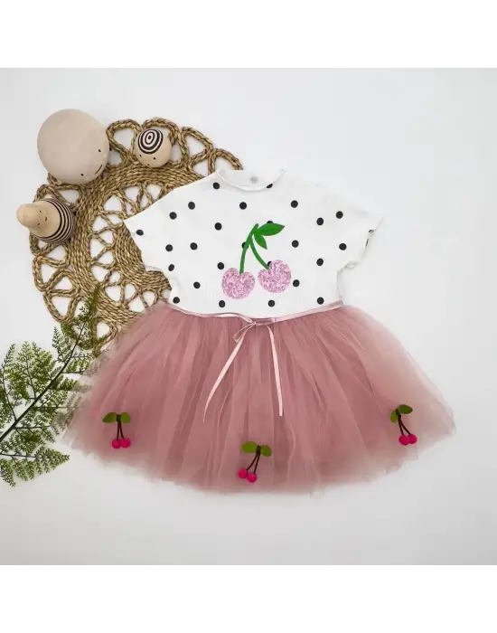 Omarı Payetli Kiraz Nakışlı Bebek Tütü Elbisesi