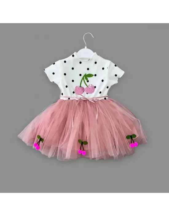 Omarı Payetli Kiraz Nakışlı Bebek Tütü Elbisesi