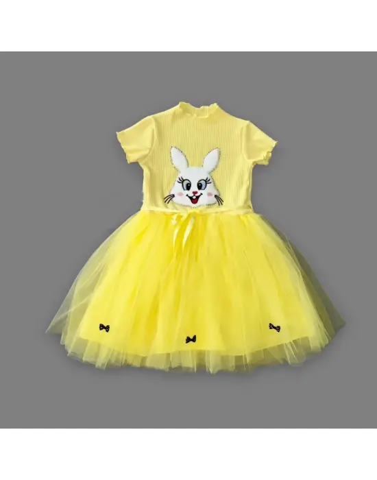 Omarı Payetli Tavşan Desenli Sarı Kız Çocuk Elbisesi