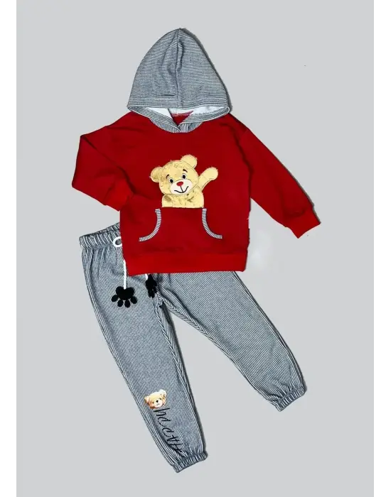 Omarı Pelüş Ayı Desenli Kapşonlu Çocuk Sweat Takımı Bordo