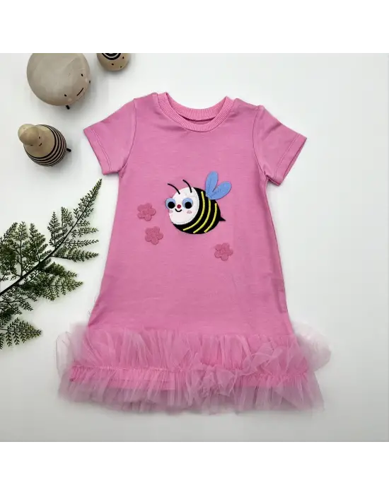 Omarı Pembe Arıcık Nakışlı Fırfırlı Jile Kız Çocuk Elbisesi