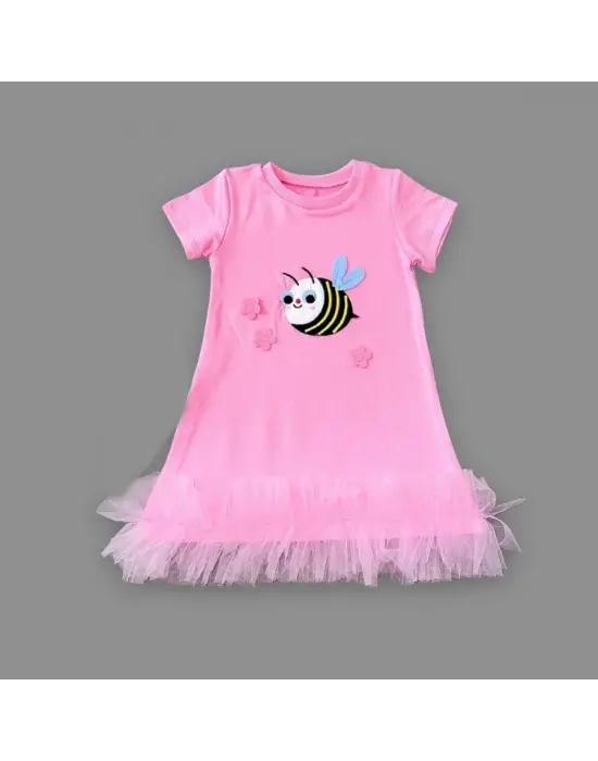 Omarı Pembe Arıcık Nakışlı Fırfırlı Jile Kız Çocuk Elbisesi