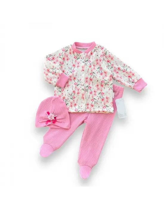 Omarı Pembe Çiçek Desenli Kız Bebek Patikli 3lü Takım