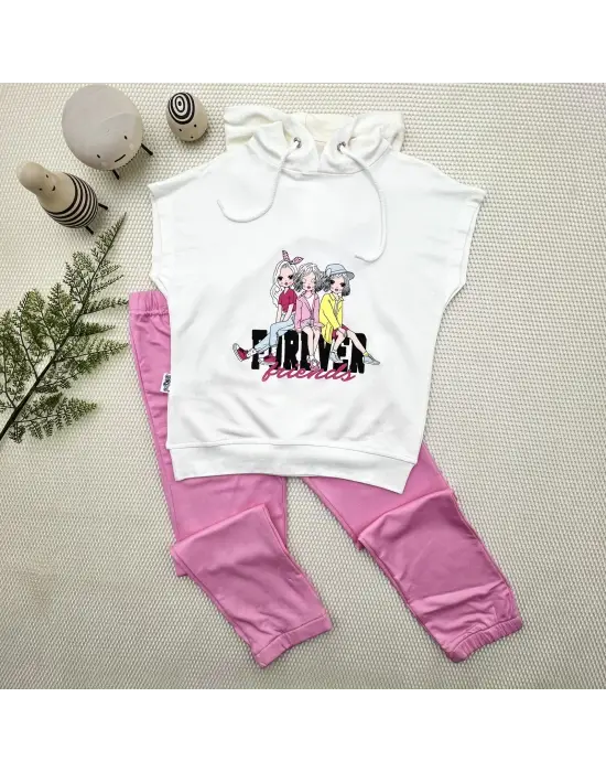 Omarı Pembe Kapşonlu 2li Cici Kızlar Kız Çocuk Takımı