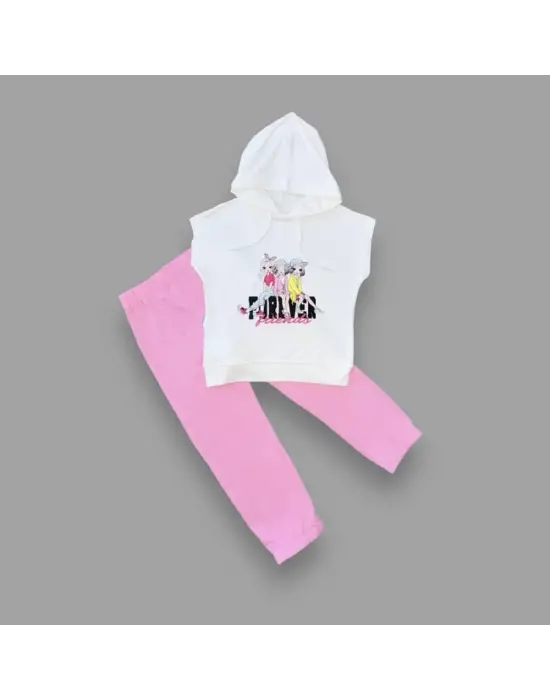 Omarı Pembe Kapşonlu 2li Cici Kızlar Kız Çocuk Takımı