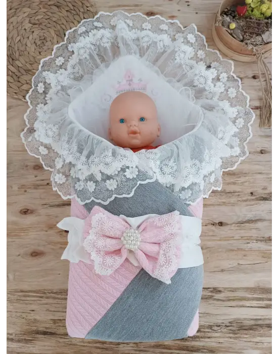 Omarı Pembe Prizma Taş Nakışlı Yenidoğan Bebek Battaniyesi