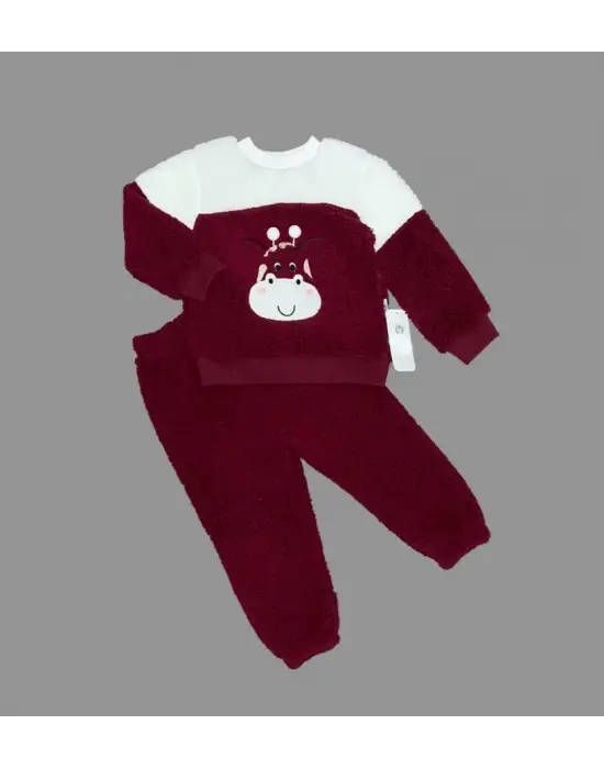 Omarı Ponponlu Zürafa Desenli Kuzu Kumaş Çocuk Takımı