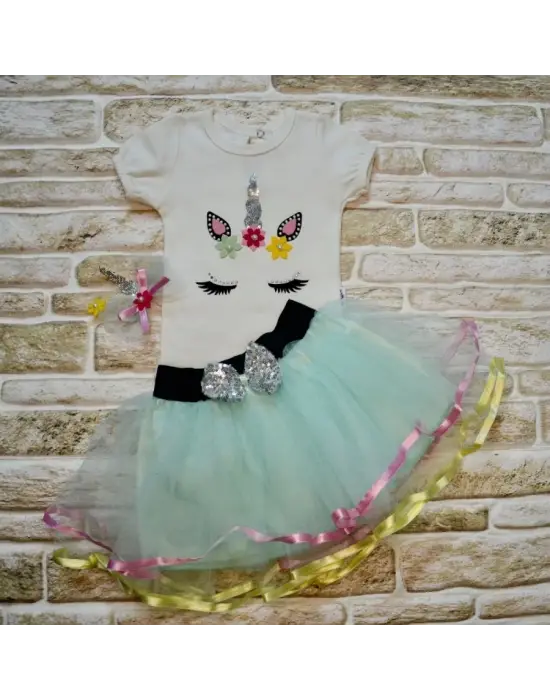 Omarı Pony Nakışlı Tütü Etek 3lü Kız Bebek Takımı - Su Yeşili