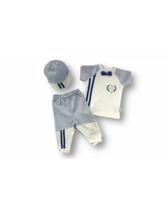 Omarı Prens Nakışlı Sweatli 3lü Erkek Bebek Takımı - Ekru