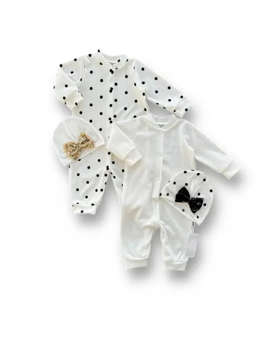 Omarı Puantiyeli Payet Detaylı Bebek Tulum Kombini Beyaz