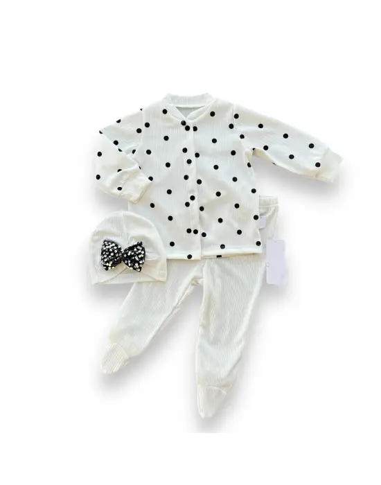 Omarı Puantiyeli Şapkalı Çıtçıt Kapamalı Bebek Takımı - Beyaz