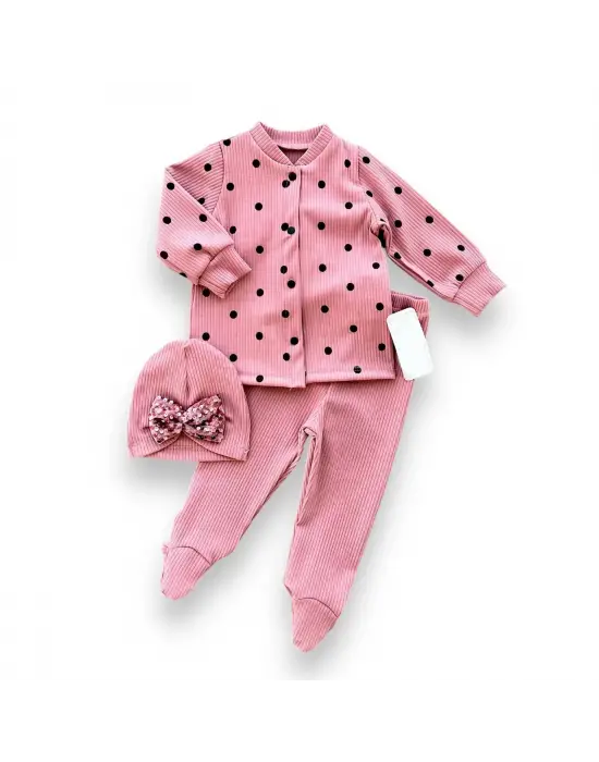 Omarı Puantiyeli Şapkalı Kız Bebek Takımı Gül Kurusu