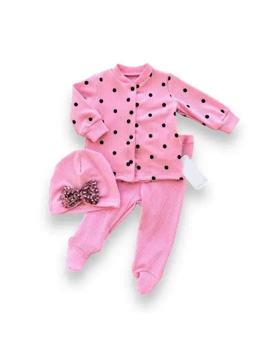Omarı Puantiyeli Şirin Kız Bebek Takımı Pembe
