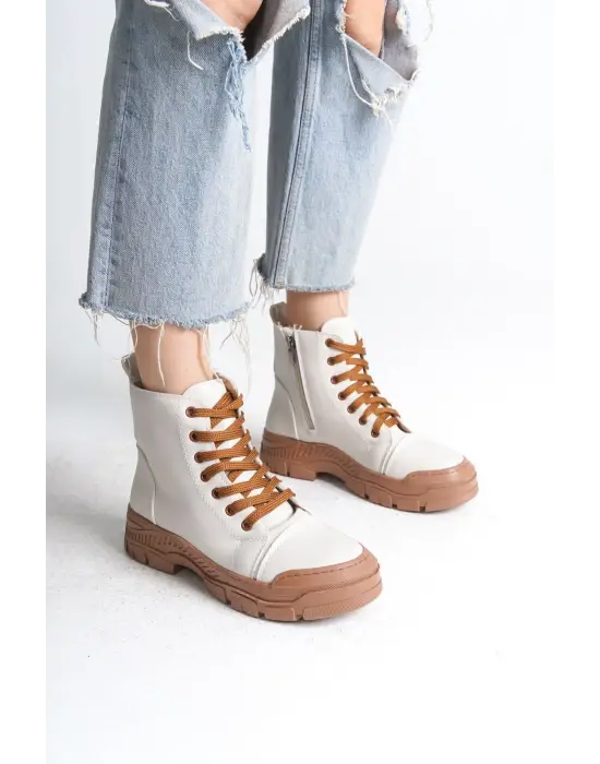 Omarı Rahat Tabanlı Fermuarlı BAYAN BOT - Tabaan Krem