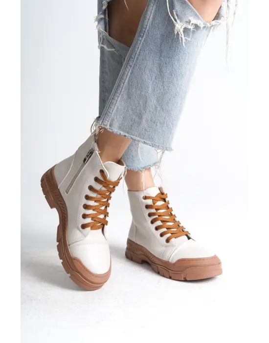 Omarı Rahat Tabanlı Fermuarlı BAYAN BOT - Tabaan Krem