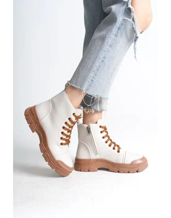 Omarı Rahat Tabanlı Fermuarlı BAYAN BOT - Tabaan Krem