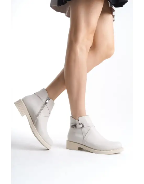 Omarı Rahat Tabanlı Fermuarlı Bayan Bot - Tabaan Topuklu Krem