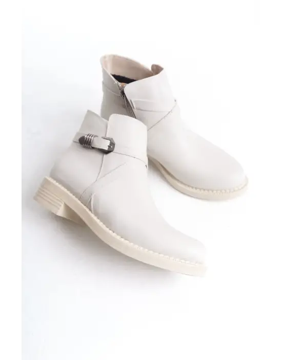 Omarı Rahat Tabanlı Fermuarlı Bayan Bot - Tabaan Topuklu Krem