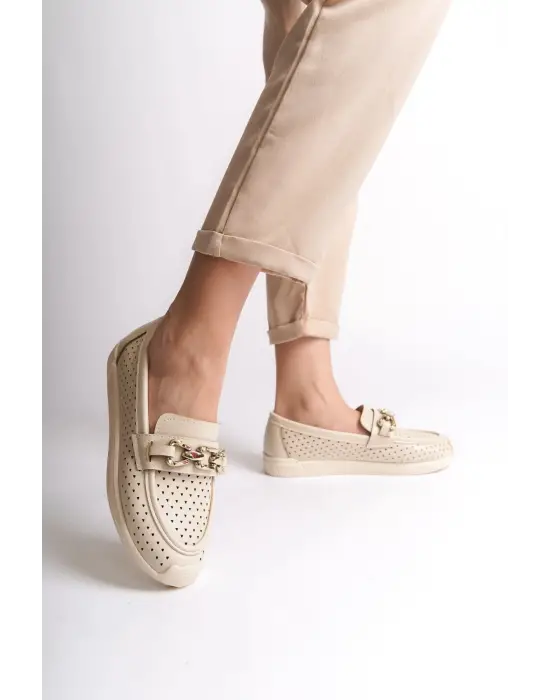 Omarı Rahat Tabanlı Kalp Desenli Bayan Babet Ayakkabı - Ten