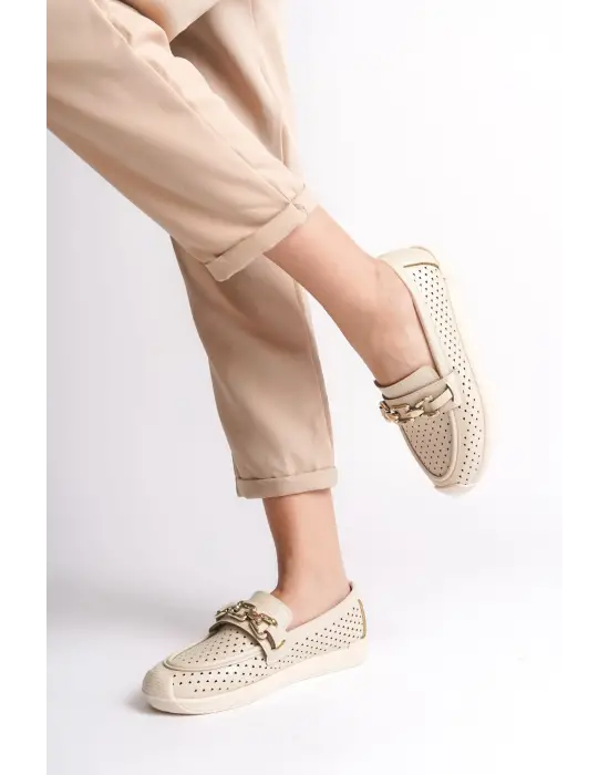 Omarı Rahat Tabanlı Kalp Desenli Bayan Babet Ayakkabı - Ten