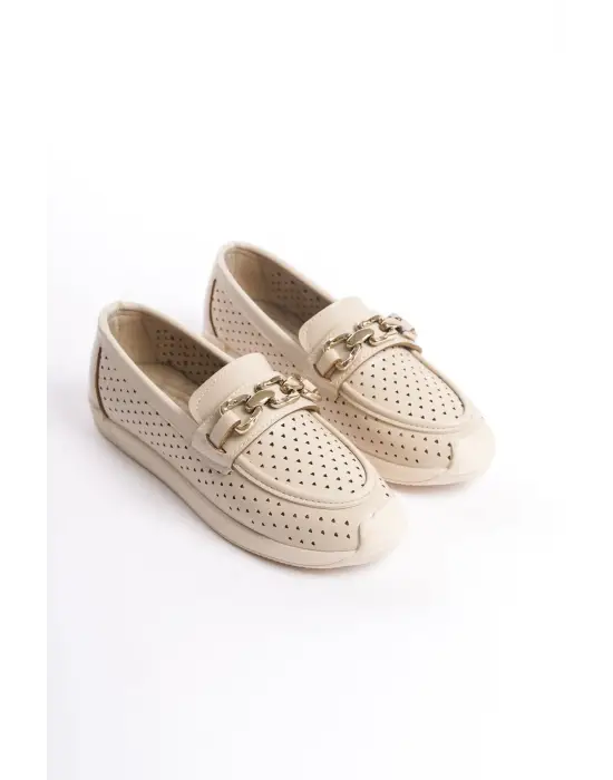 Omarı Rahat Tabanlı Kalp Desenli Bayan Babet Ayakkabı - Ten