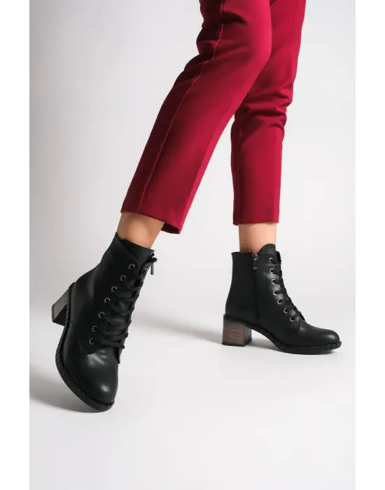 Omarı Rahat ve Şık Siyah Bayan Bot - Fermuarlı Tabaan Topuklu Günlük Ayakkabı