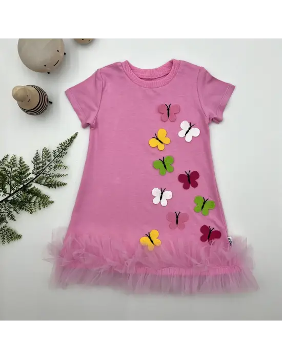 Omarı Renkli Kelebek Nakışlı Fırfırlı Çocuk Elbisesi Pembe