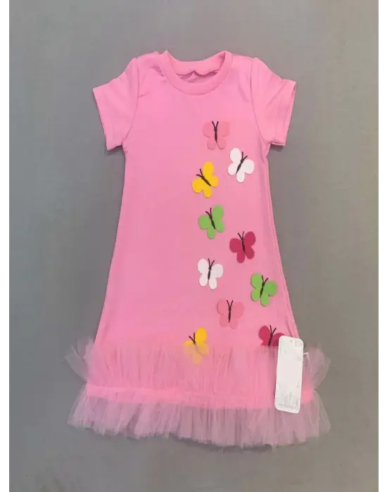 Omarı Renkli Kelebek Nakışlı Fırfırlı Çocuk Elbisesi Pembe