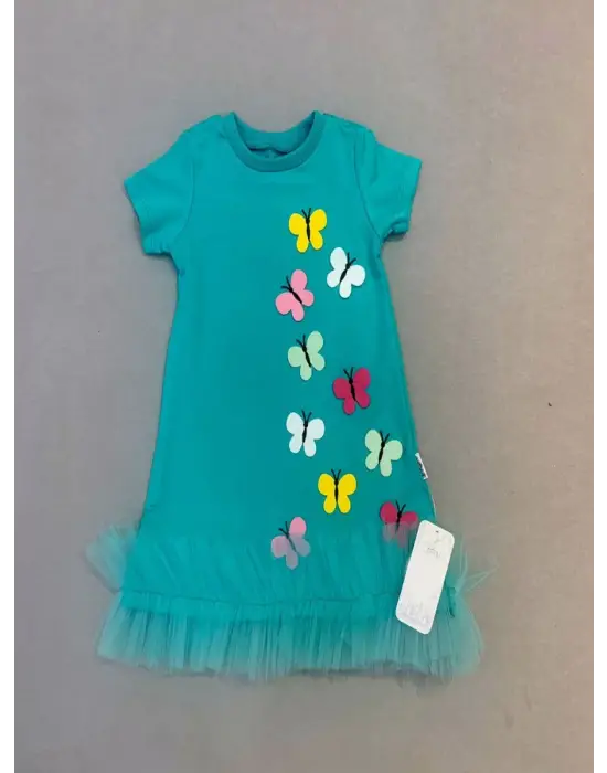 Omarı Renkli Kelebek Nakışlı Fırfırlı Çocuk Elbisesi - Turkuaz
