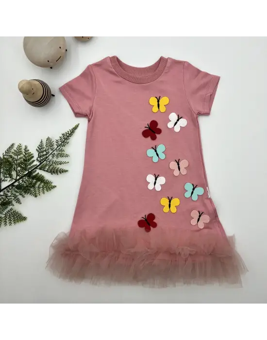 Omarı Renkli Kelebekler Nakışlı Fırfırlı Jile Çocuk Elbisesi