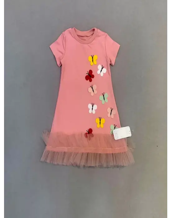 Omarı Renkli Kelebekler Nakışlı Fırfırlı Jile Çocuk Elbisesi