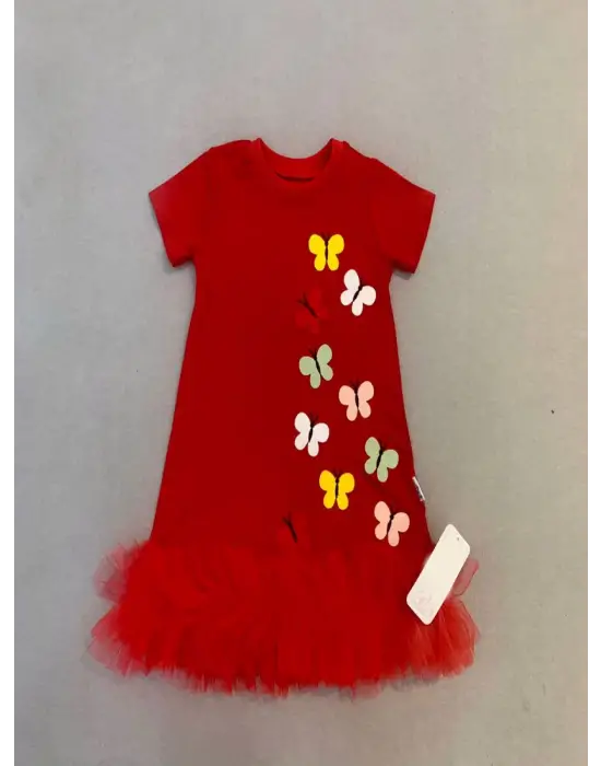 Omarı Renkli Kelebekler Nakışlı Fırfırlı Jile Çocuk Elbisesi Kırmızı