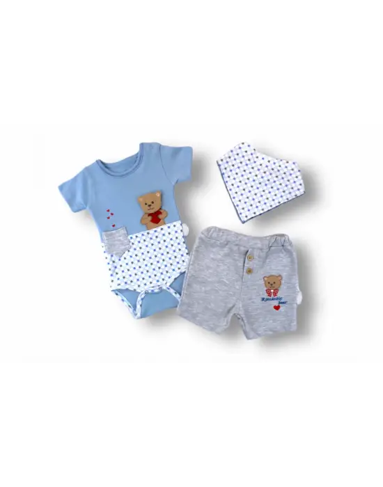 Omarı Romantik Ayıcık Nakışlı Bandajlı Bebek Takımı