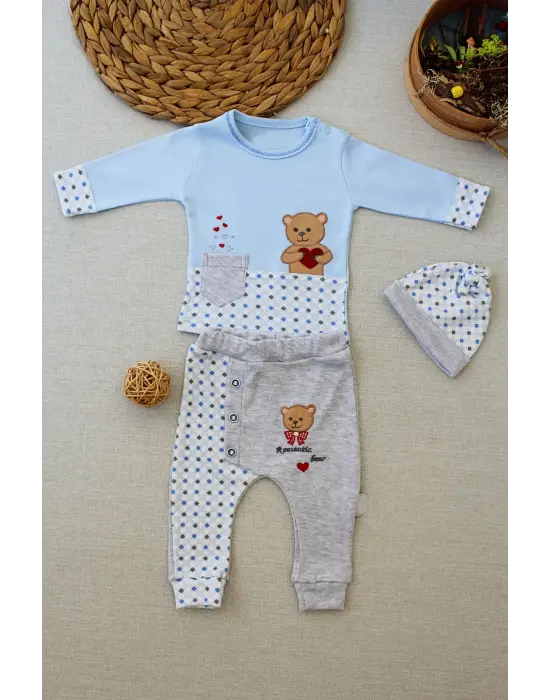 Omarı Romantik Ayıcık Nakışlı Bebek Takımı Mavi