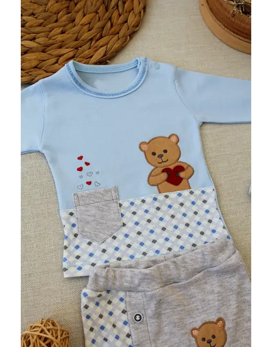 Omarı Romantik Ayıcık Nakışlı Bebek Takımı Mavi
