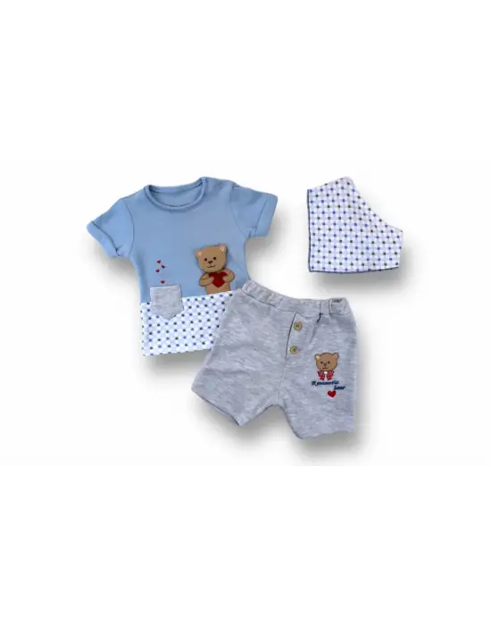 Omarı Romantik Ayıcık Nakışlı Kısa Kollu 3lü Bebek Takımı Mavi